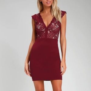Wine Red Lace Lace-Up Bodycon Dress